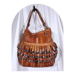 A.P.C. Tan Leather Fringed Studded Oversized  Boho  Bag